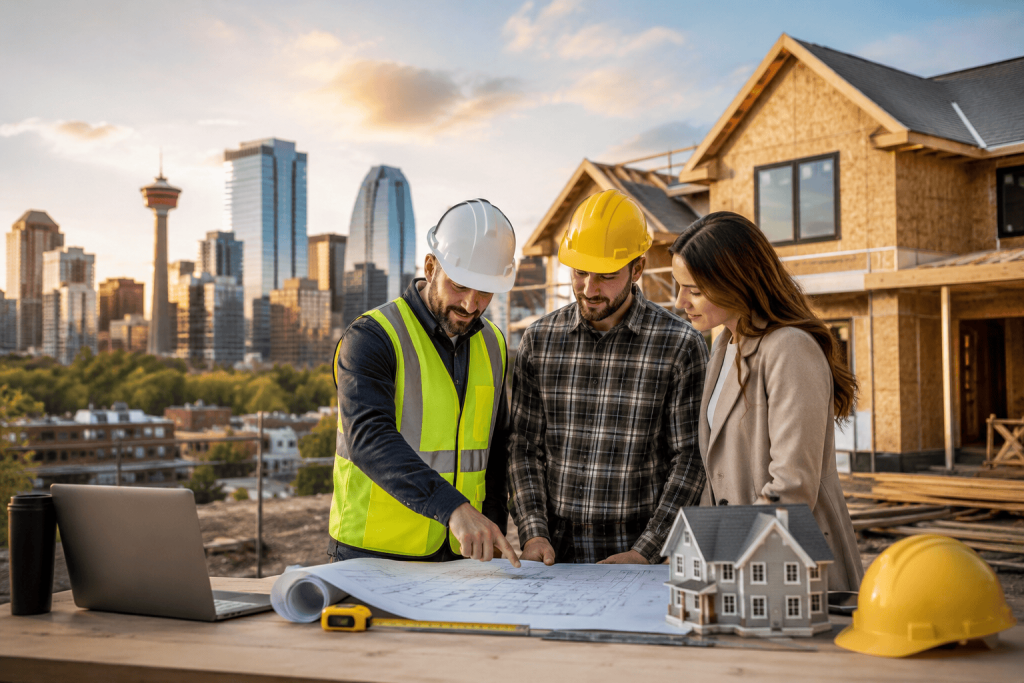 Professional construction team reviewing building plans at a residential construction site in Calgary with a partially built home and city skyline in the background.