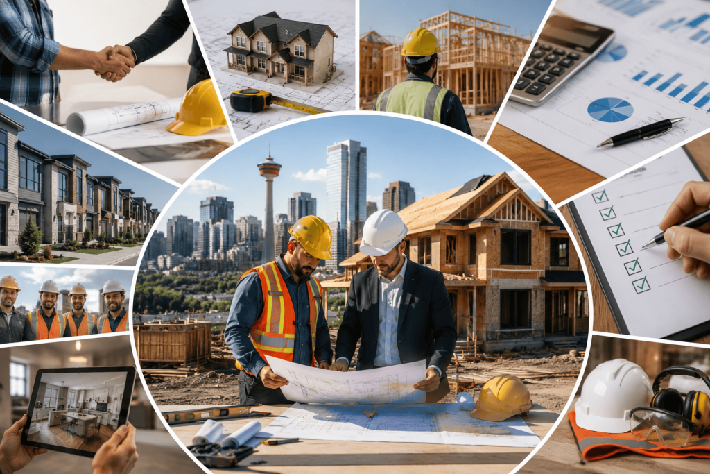 Professional construction planning collage featuring contractors reviewing blueprints, residential construction, safety equipment, inspections, completed homes, and Calgary skyline.
