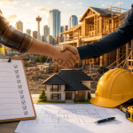 Close-up of contractors shaking hands over blueprints, safety gear, and a model home at an active residential construction site with Calgary skyline in the background.