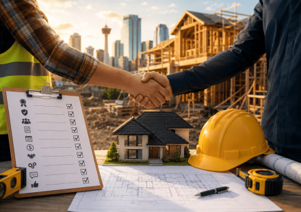 Close-up of contractors shaking hands over blueprints, safety gear, and a model home at an active residential construction site with Calgary skyline in the background.