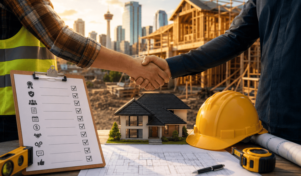 Close-up of contractors shaking hands over blueprints, safety gear, and a model home at an active residential construction site with Calgary skyline in the background.